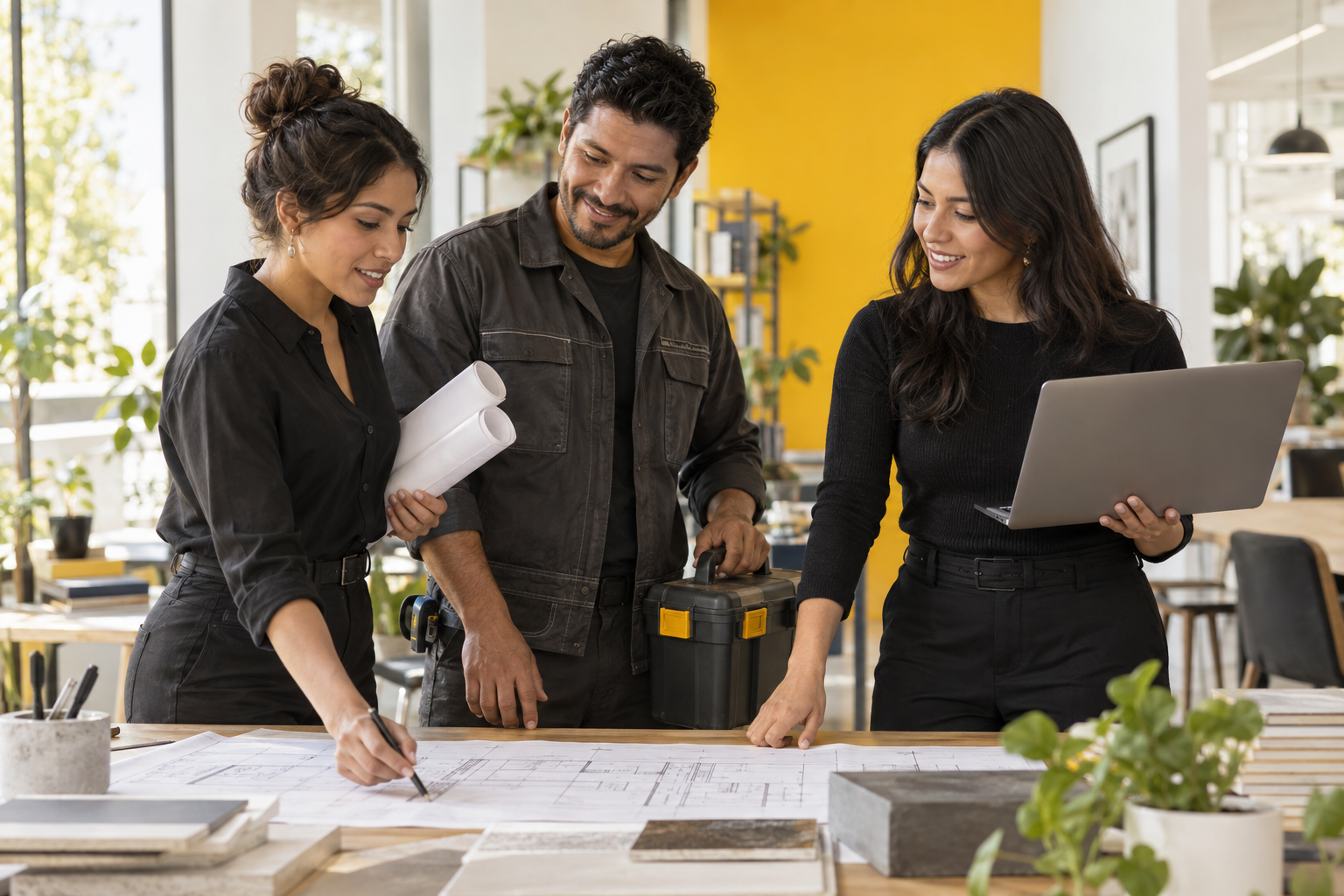 Profesionales de arquitectura, reparaciones y tecnología compartiendo ideas en un espacio de trabajo
